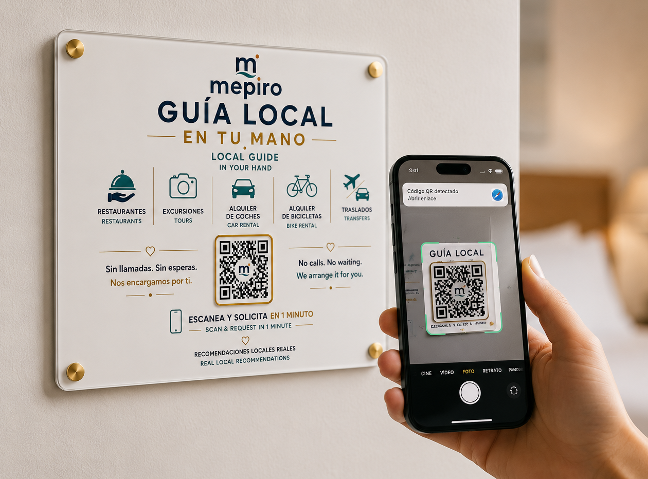 Placa QR de Mepiro colocada en un alojamiento y escaneada desde el móvil del huésped